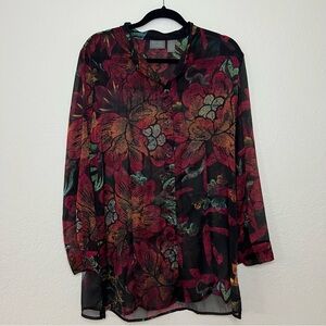 Additions By Chicos Women’s‎ Size 2 Large Red Floral Button Up Sheer Blouse Top